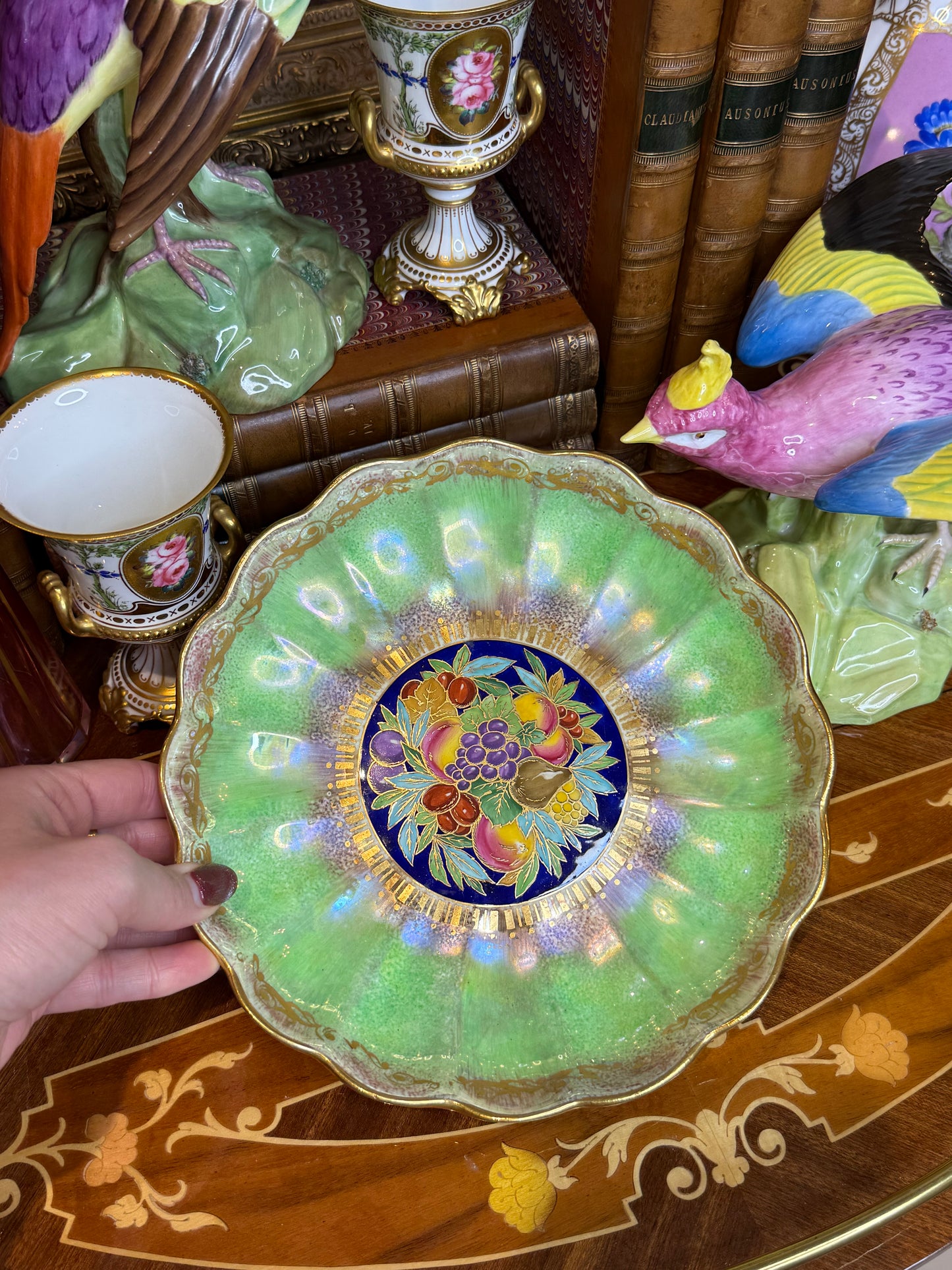 Antique Minton Hand-Painted Cabinet Plate with Fruit Center & Iridescent Green Border | 9”