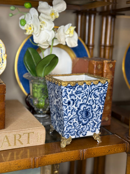 Danny’s Fine Porcelain: Blue & White Floral Square Porcelain Cachepot with Bronze Ormolu Trim & Feet: 5” L x 5” W x 6.5” H