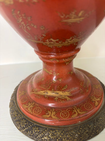 Gorgeous red and gold 18” vase with bronze ormolu handles and base!