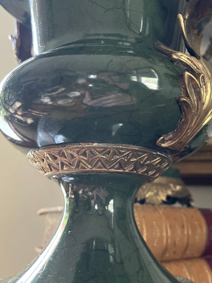 Grand Pair of French Empire Style Bronze-Mounted Urns in Antique Moss Green/Light Marbelization