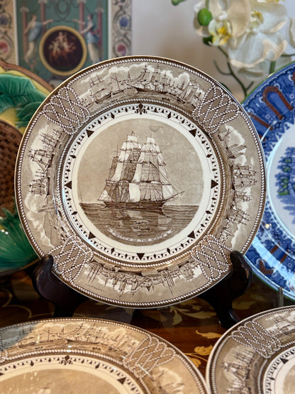 Vintage Set of (5) Wedgwood “The American Clipper Ship Plates” 9” Brown Transferware Nautical Plates – England