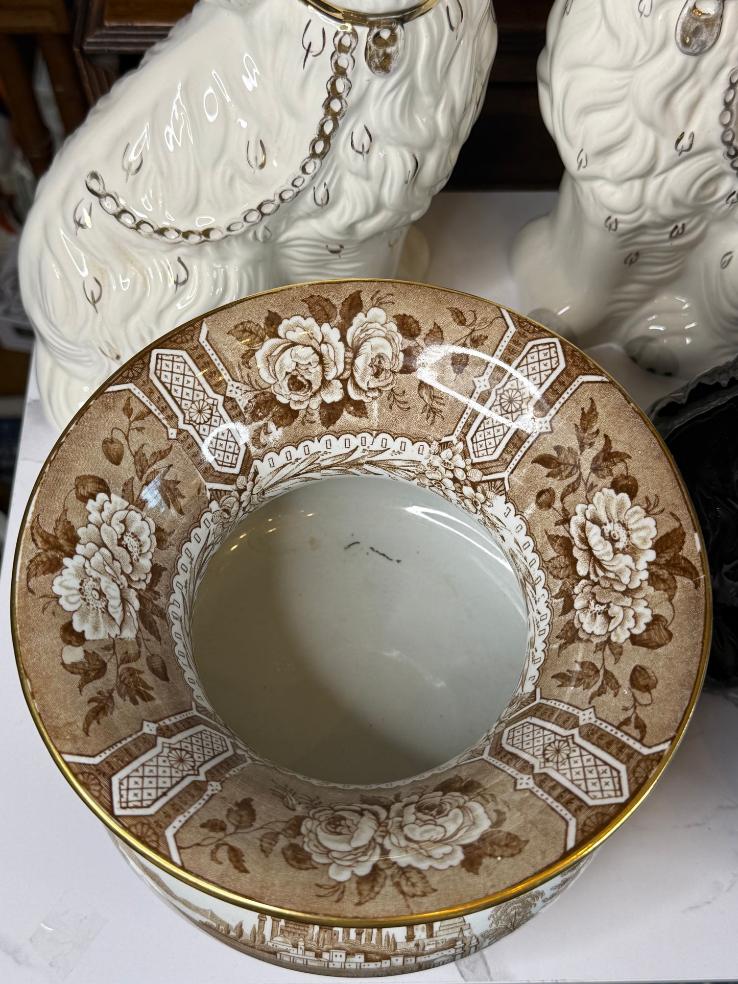 Pair of Antique Cauldon Brown & White Spittoons | Circa 1900 | 5.5"H x 7.5"D Each | Style DA4343