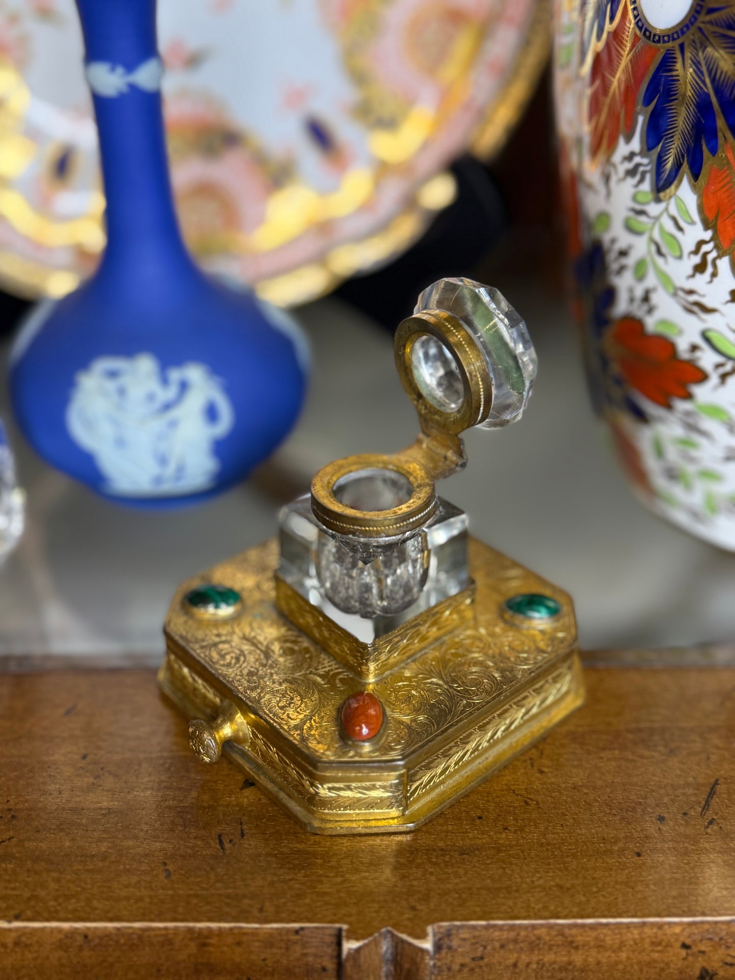 Antique Gilt Bronze & Crystal Inkwell | Jeweled Desk Inkstand | 3” Base