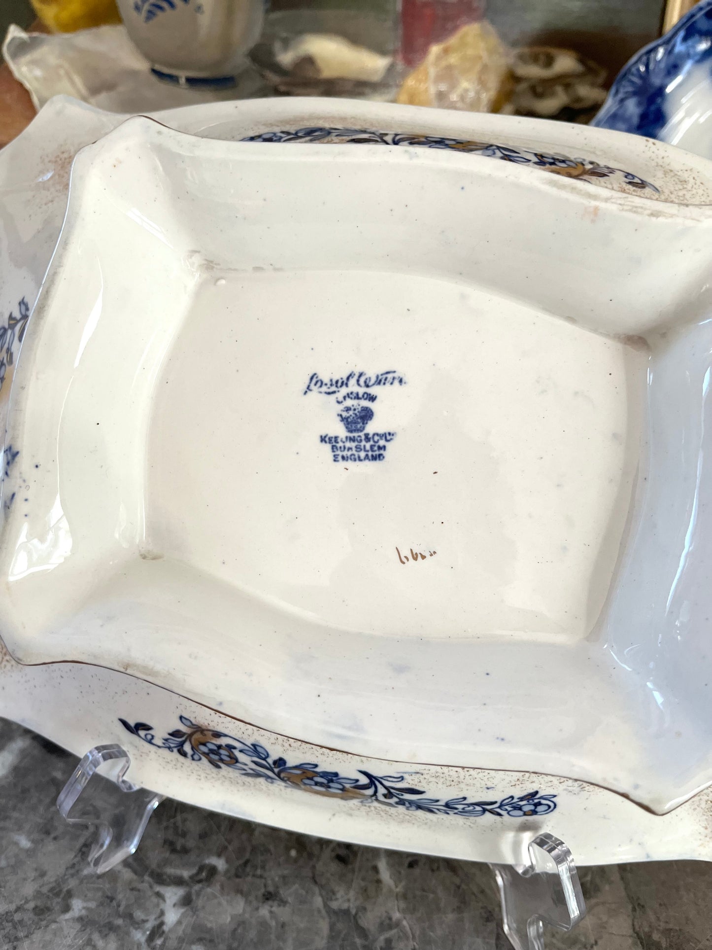 Rare English Gilded Flow Blue Rectangular Pedestal Bowl - Keeling & Co Burslem