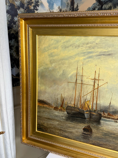 J. Edwards English Maritime Oil Painting “Ipswich Dock, Suffolk” | Signed/Inscribed 1879 | Original Gilt | Framed 27”H × 38”W