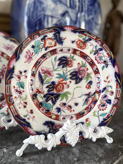 Live 08/25 Pair Of Antique English Staffordshire – Mason’s or Ashworth Bros. c.1850’s Unusual Greek Key Border