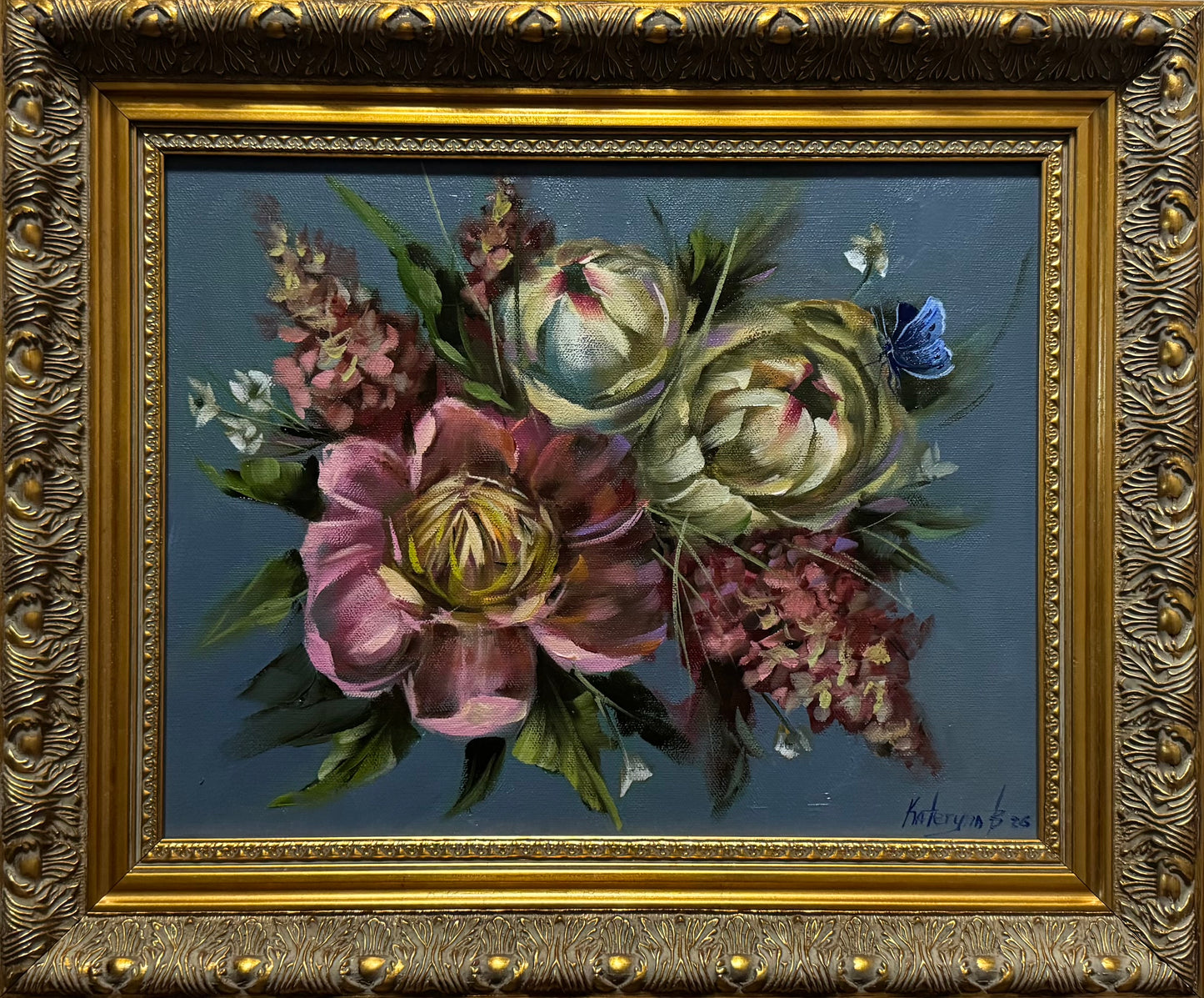 Pink and white peonies with pink hydrangeas original oil painting