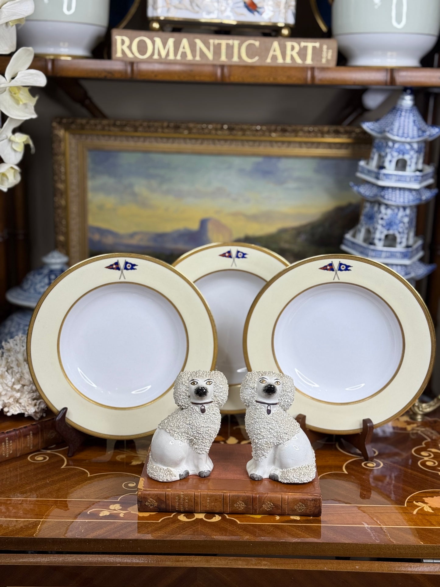 RARE Set (3) Wide-Rim Bowls, Antique Spode Copeland (custom order, 1927) Private yacht burgee service china - New York Yacht Club - PRISTINE!