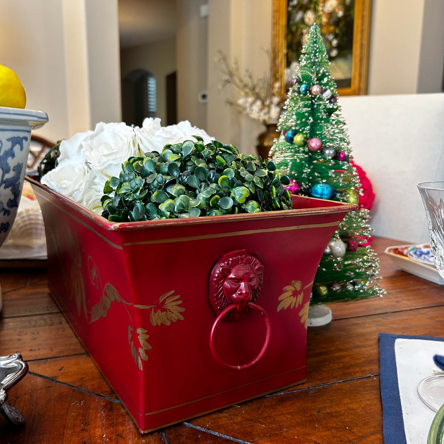 Festive Vintage Red double Lion Head handle tole Planter centerpiece
