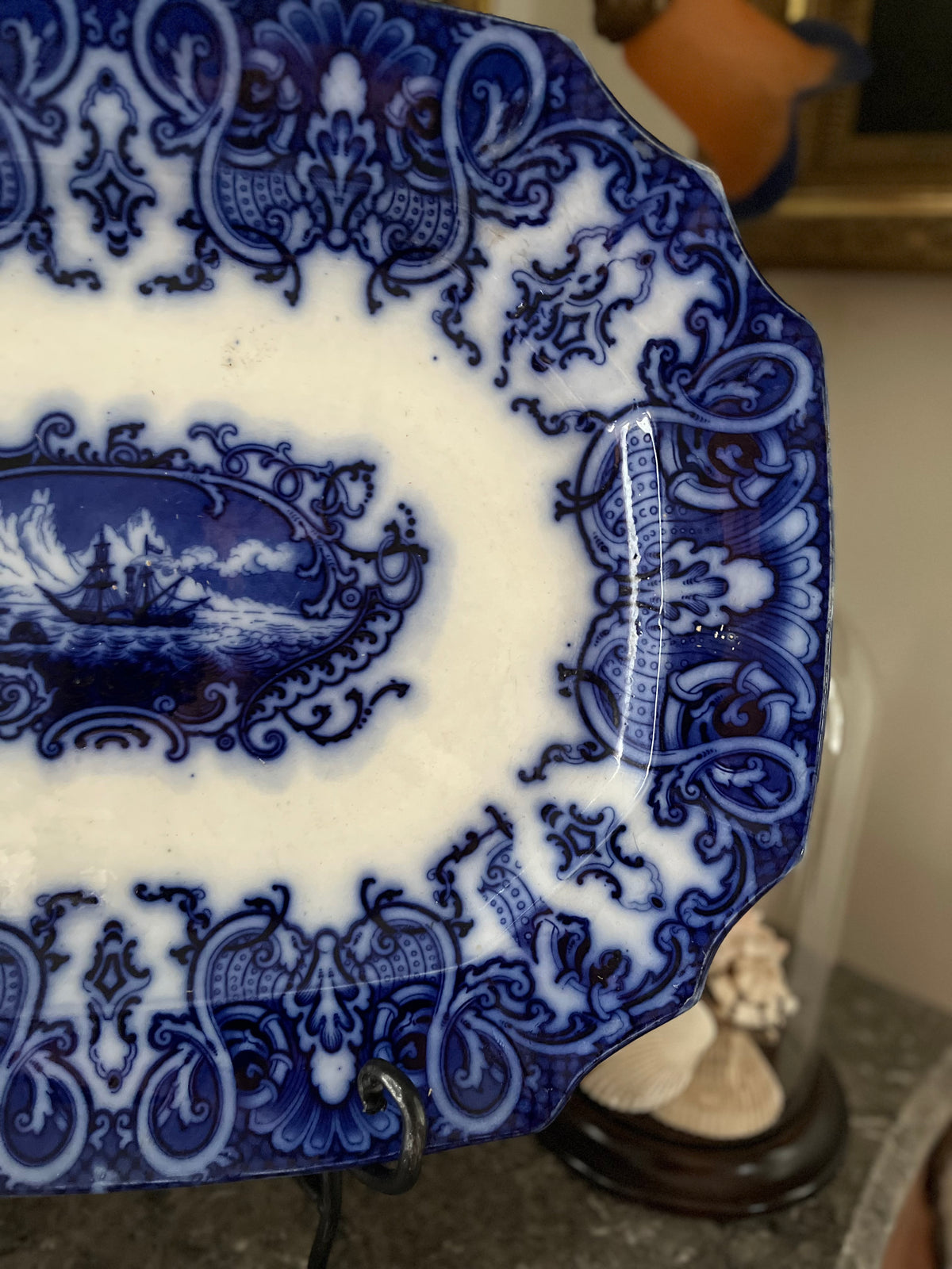 -RESVERED - ANGIEFIEND -  Live 09/22 Amazing Ship Medallion Flow Blue Platter Mid-Victorian Staffordshire Ironstone, c. 1845–1865