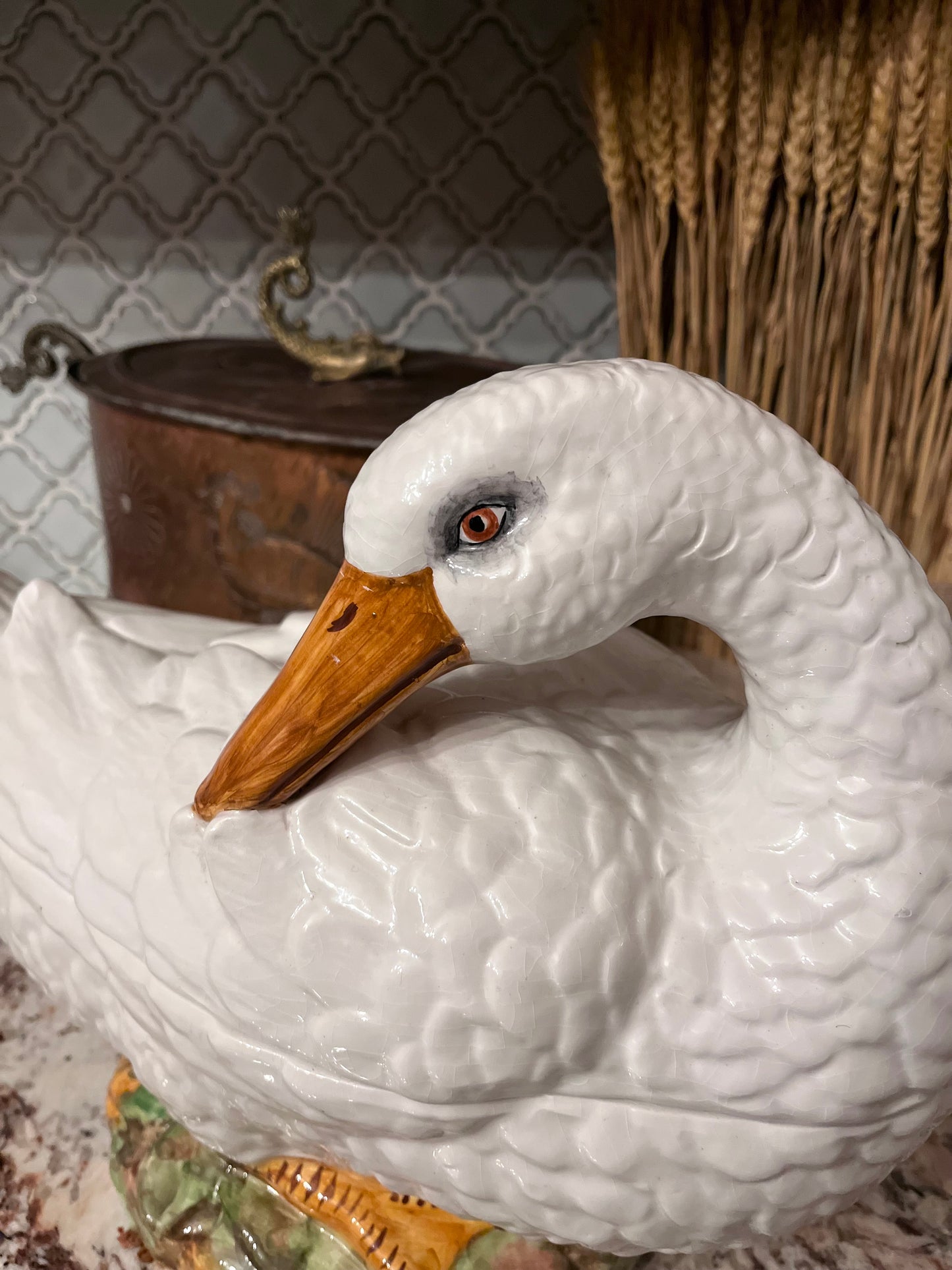 Elegant Mid Century Italian Hand Painted Goose Covered Dish – Base Greens, Rose & Gold
