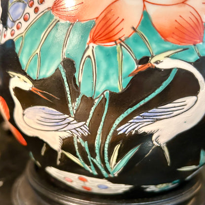 Vintage Famille Noir Matte Black Lamp With Crane Design  20 in