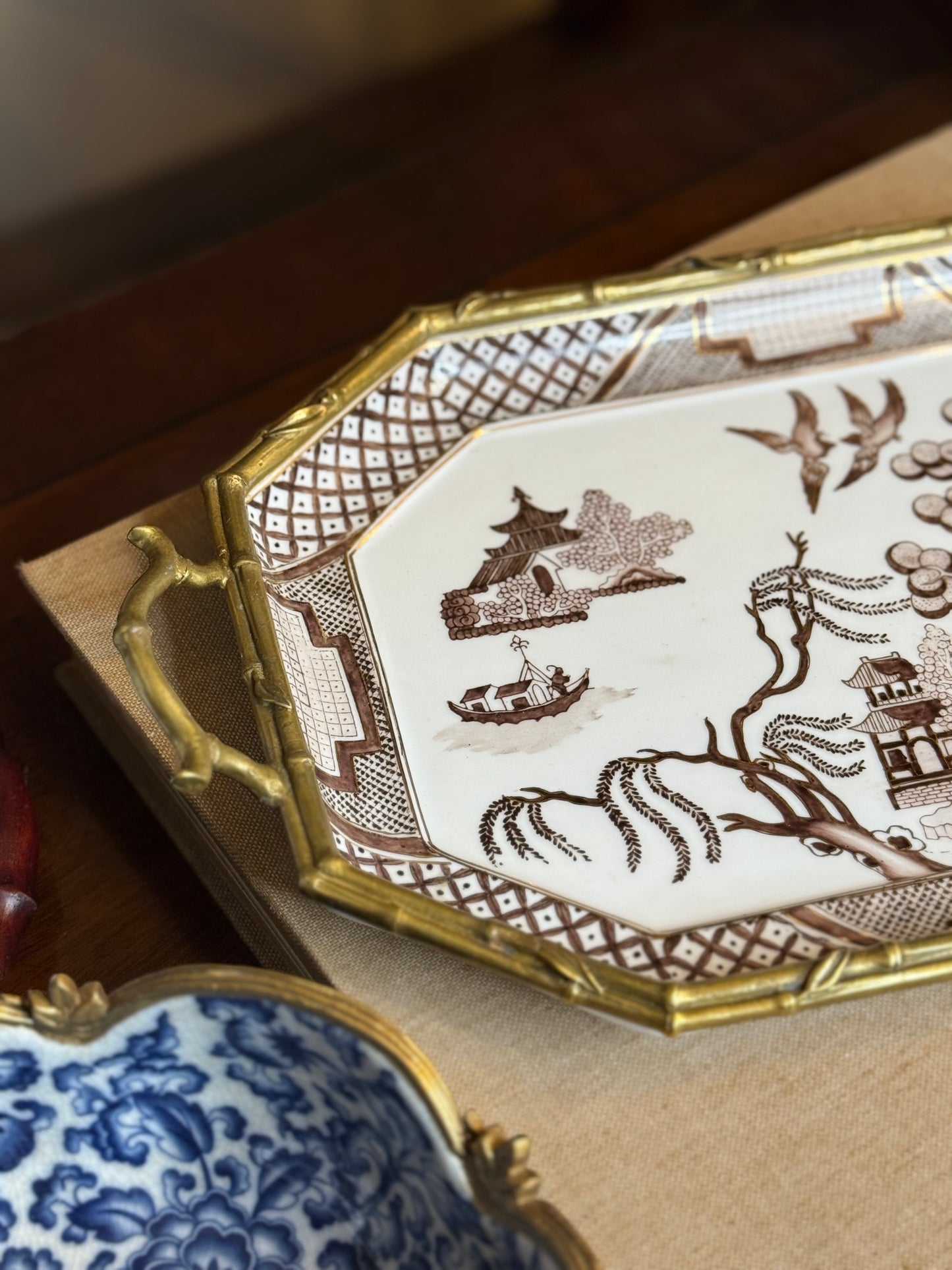 Danny’s Fine Porcelain - 15” x 8.75” x 2.5” Octagonal Willow Porcelain Tray with Bronze Handles