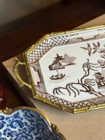 Danny’s Fine Porcelain - 15” x 8.75” x 2.5” Octagonal Willow Porcelain Tray with Bronze Handles