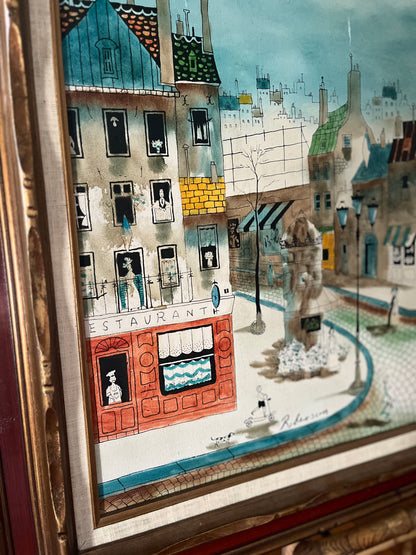 Whimsical Robert Scott Mixed Media French Street Scene Oil & Ink On Canvas - Mid 20th Century