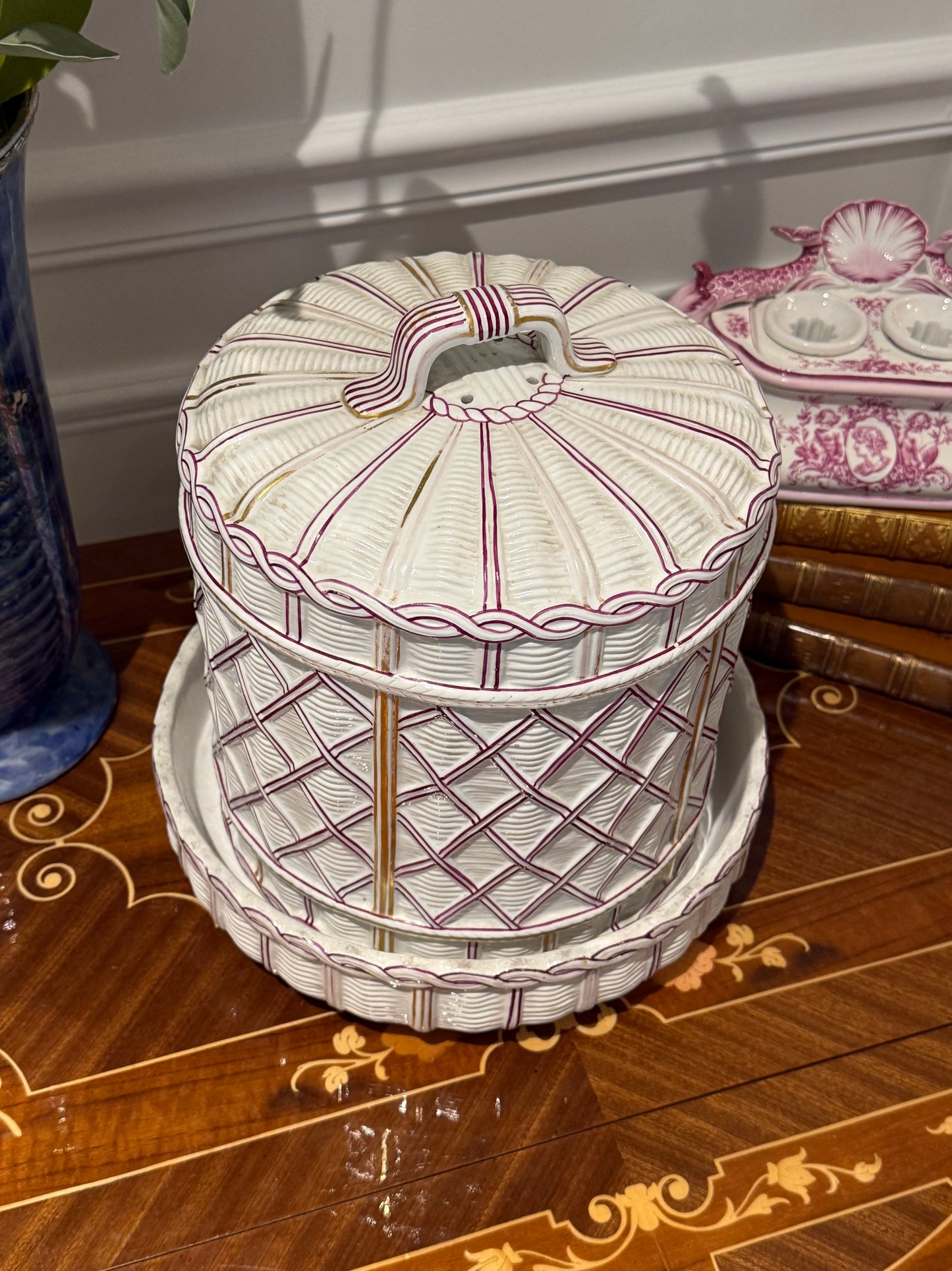 Antique 1880’s COPELAND Raspberry & Gold Lattice Covered Cake Dome on Stand, 11” Diameter, 10” Tall, D1322