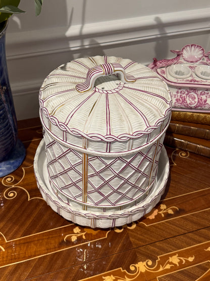 Antique 1880’s COPELAND Raspberry & Gold Lattice Covered Cake Dome on Stand, 11” Diameter, 10” Tall, D1322