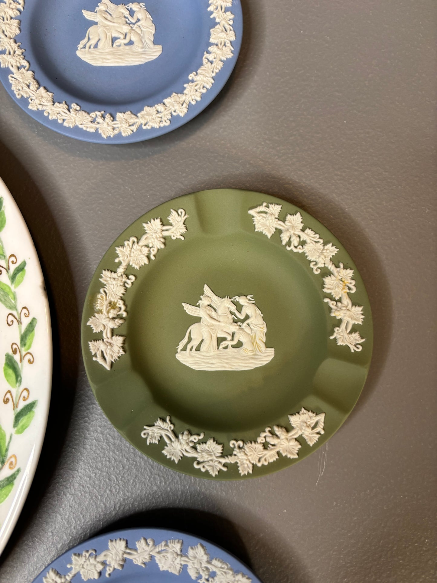 Instant plate wall! Features a handpainted floral plate signed and 3 Wedgwood trinket dishes!