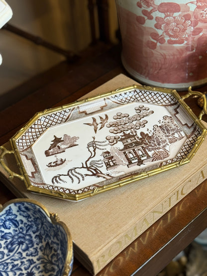 Danny’s Fine Porcelain - 15” x 8.75” x 2.5” Octagonal Willow Porcelain Tray with Bronze Handles