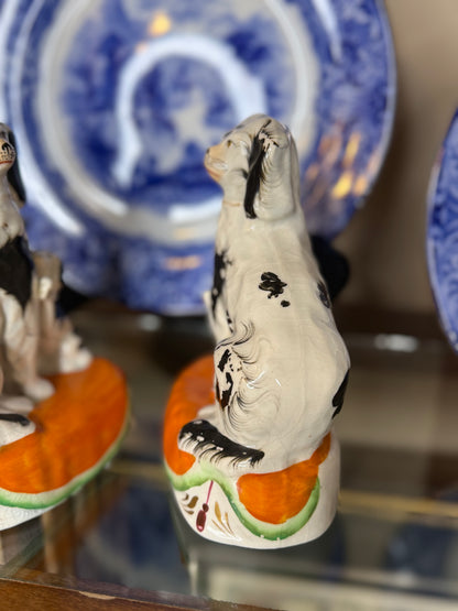 Antique 19th Century Staffordshire Spaniel Dog Figures with Puppies on Orange Cushions – Pair | 7” Tall #DA4423