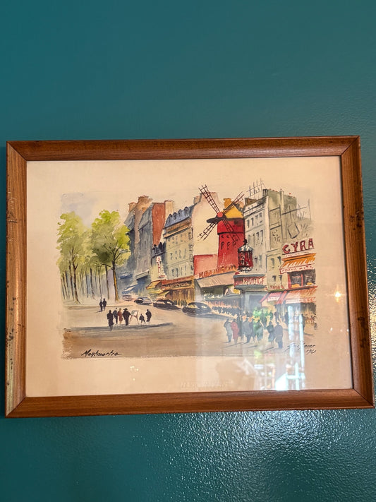 WCCR Charitable Item #135 | Framed French Watercolor Print “Montmartre” | Signed Fernand Guignier, 1961 | Moulin Rouge | 19” x 14.5”
