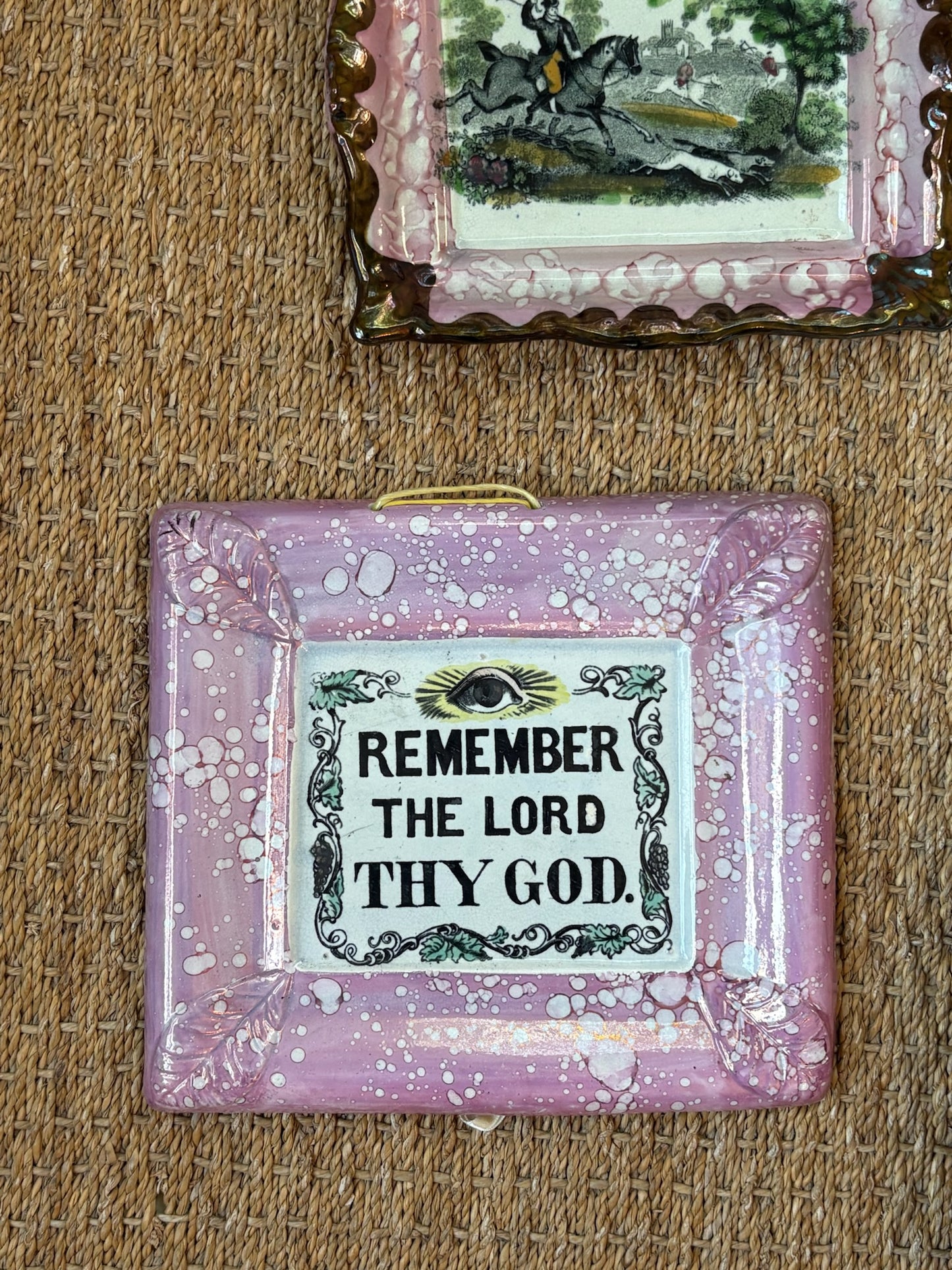 WCCR Charitable Item #122 | Antique E. Albion Pink Lustre Ceramic Wall Plaque with All-Seeing Eye | “Remember the Lord Thy God” | 9.5” x 9”