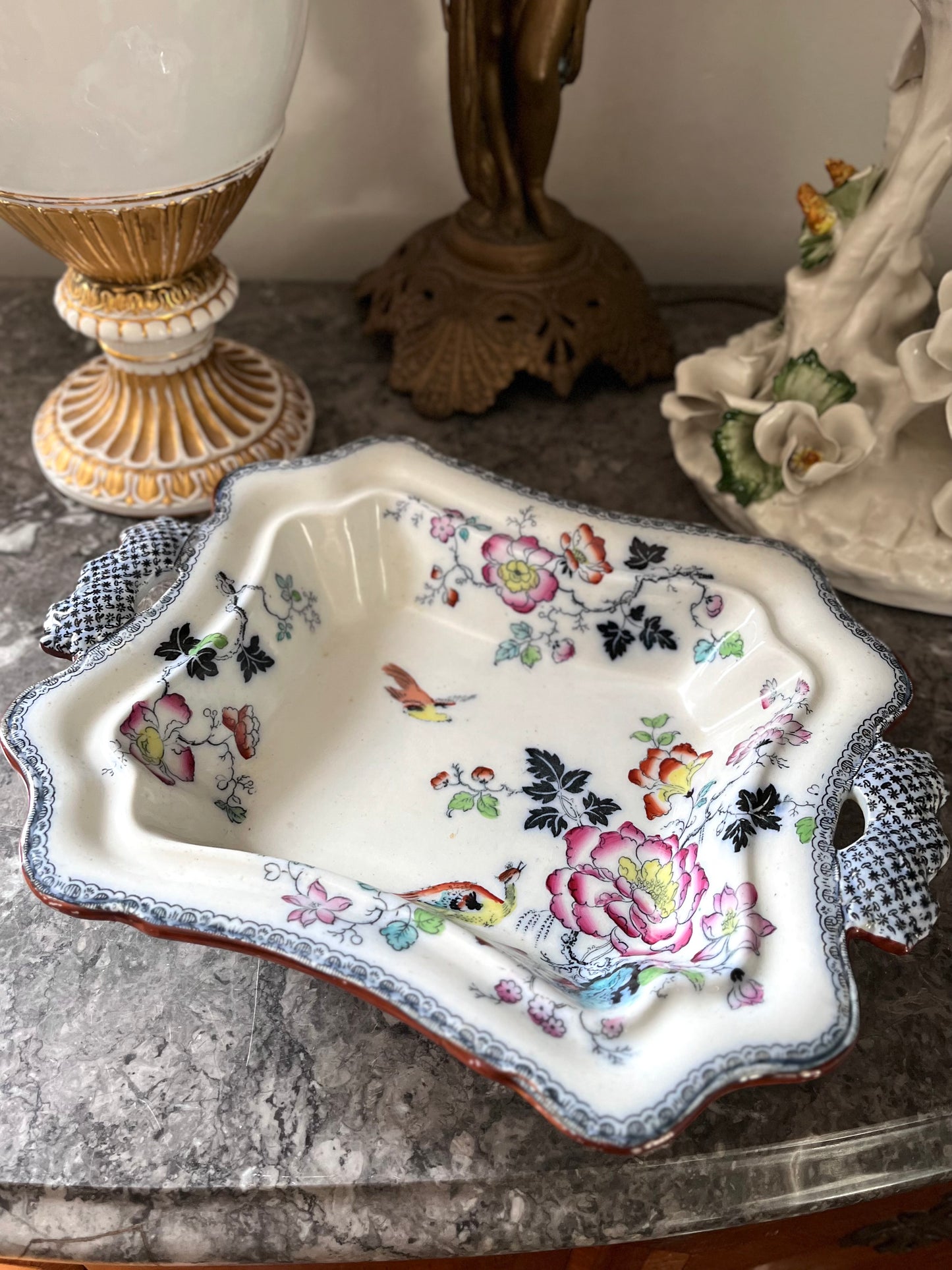 Live 07/28 Stunning Early Ashworth Bros Lidded Vegetable Dish - Footed With Florals/Birds/Contrasting Handles And Trim - Original Ribbon Mark 1860’s