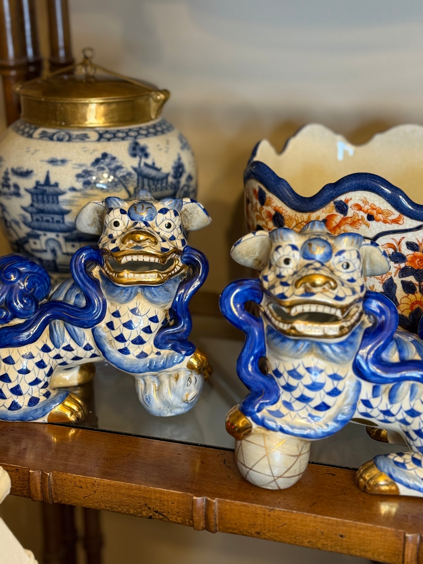 Danny’s Fine Porcelain - Blue & White Spaniel Foo Dog Figure Pair W/ Gold Accent: 17Lx4.5Wx6.5H