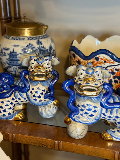 Danny’s Fine Porcelain - Blue & White Spaniel Foo Dog Figure Pair W/ Gold Accent: 17Lx4.5Wx6.5H