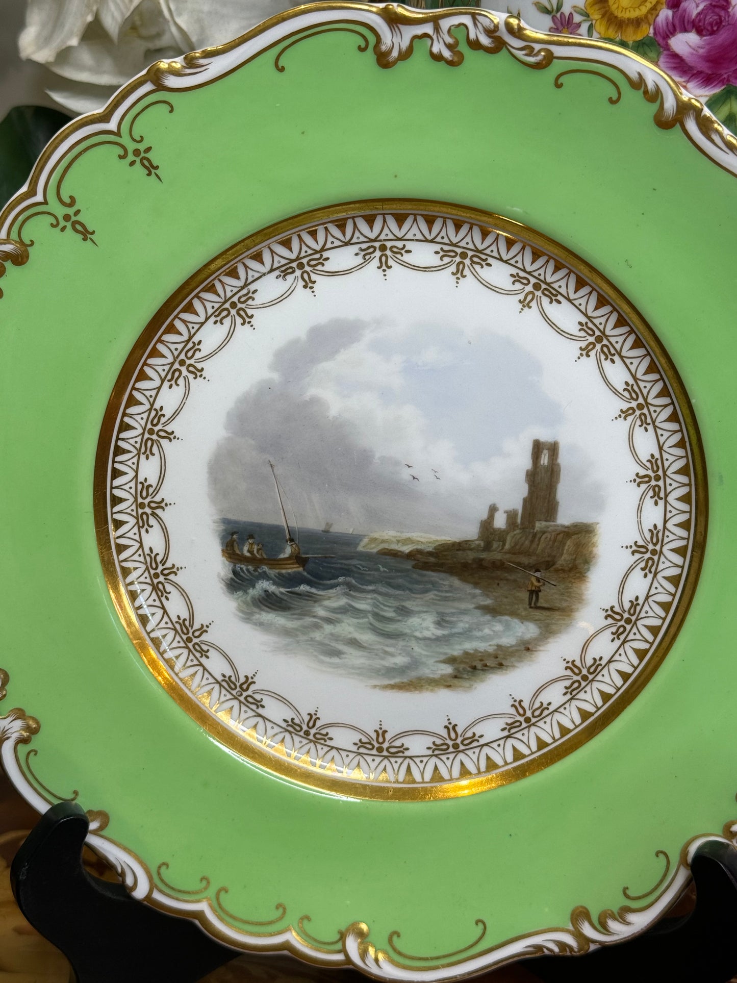 Pair of Ridgway Seascape Plates, c. 1870 | Green-Ground with Gilt, 9” Diameter