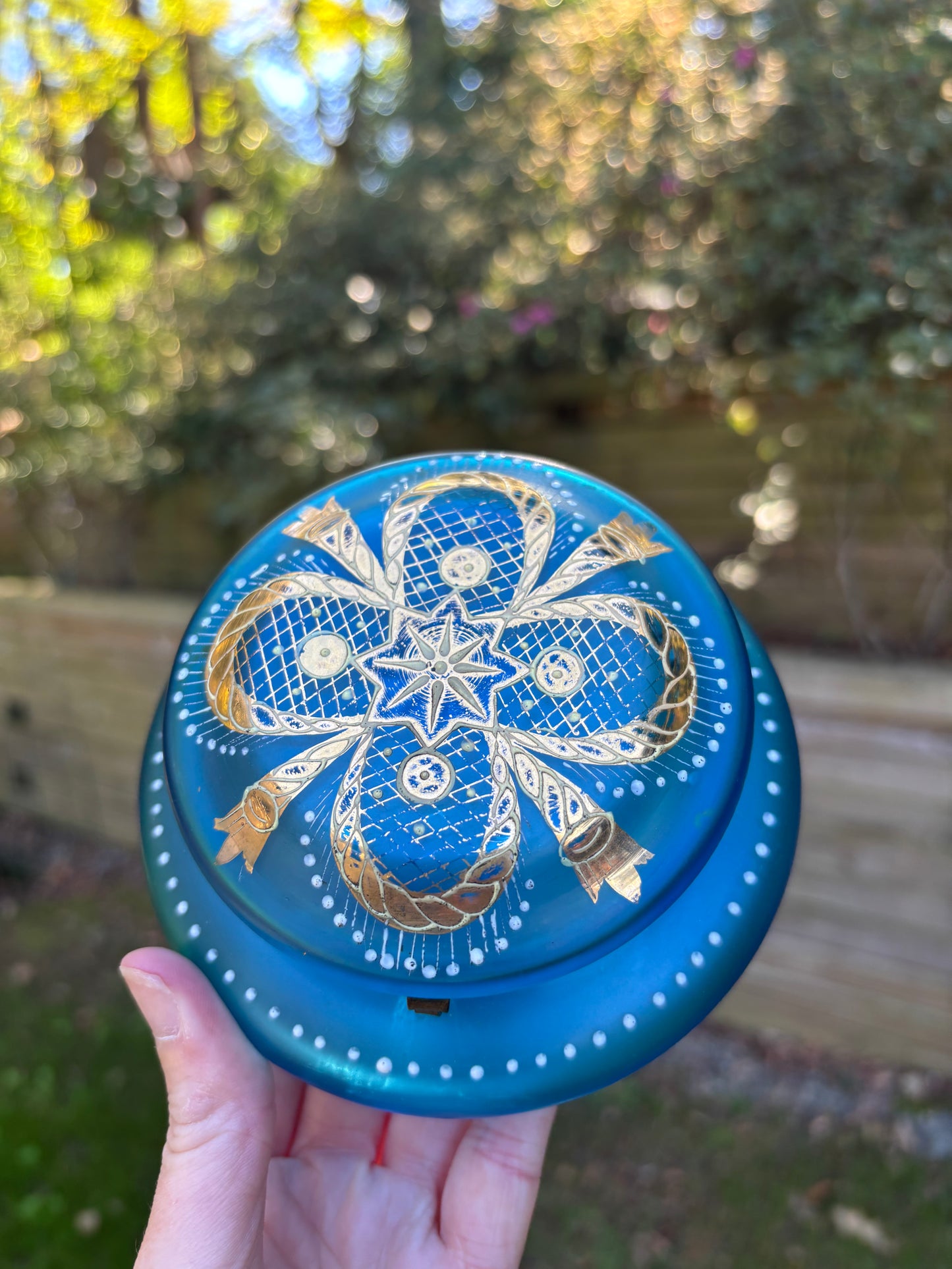 Gorgeous older blue and gold dresser box with handpainted details!