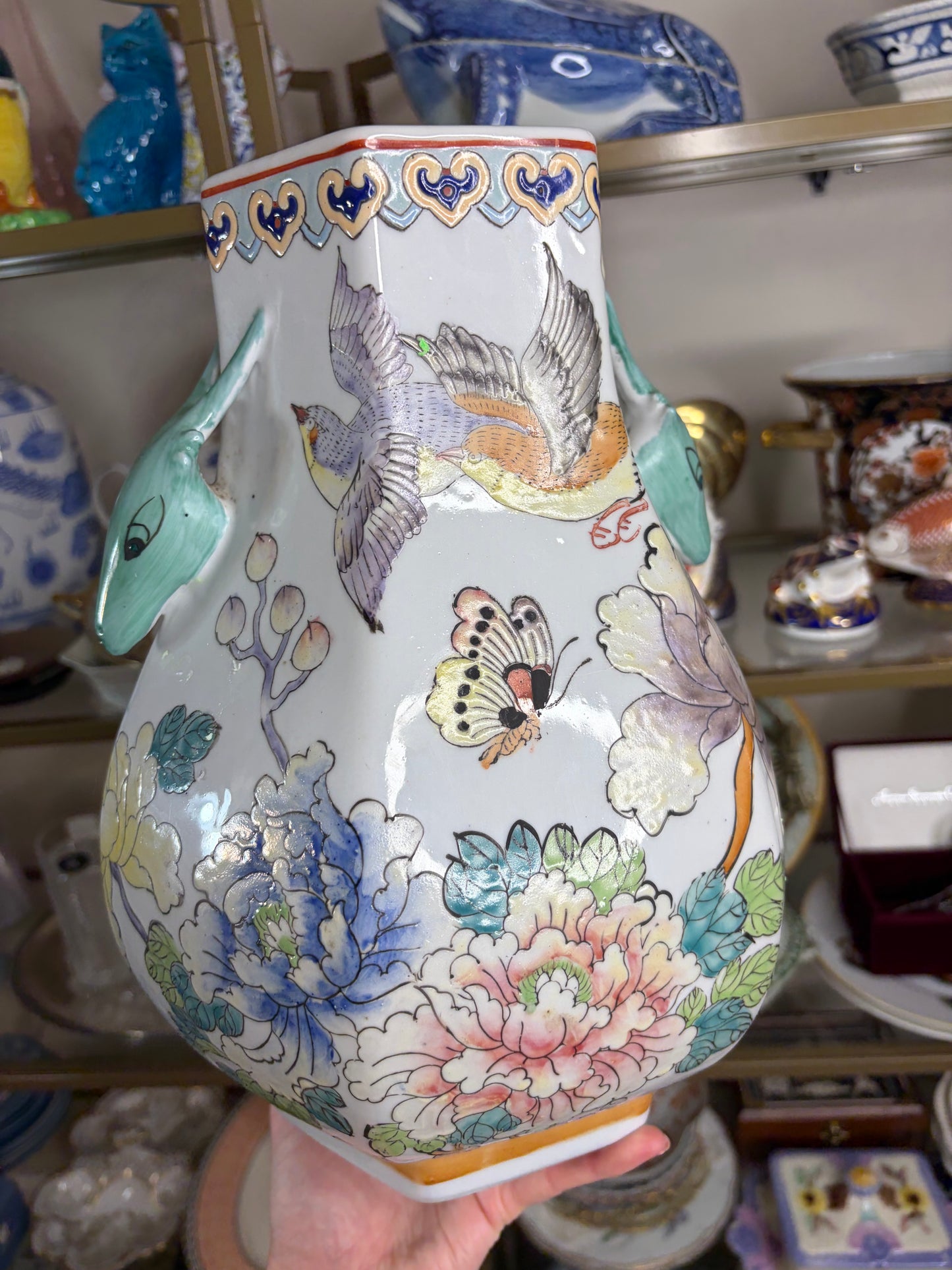 Stunning chinoiserie vase with birds and florals and deer handles!