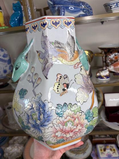 Stunning chinoiserie vase with birds and florals and deer handles!