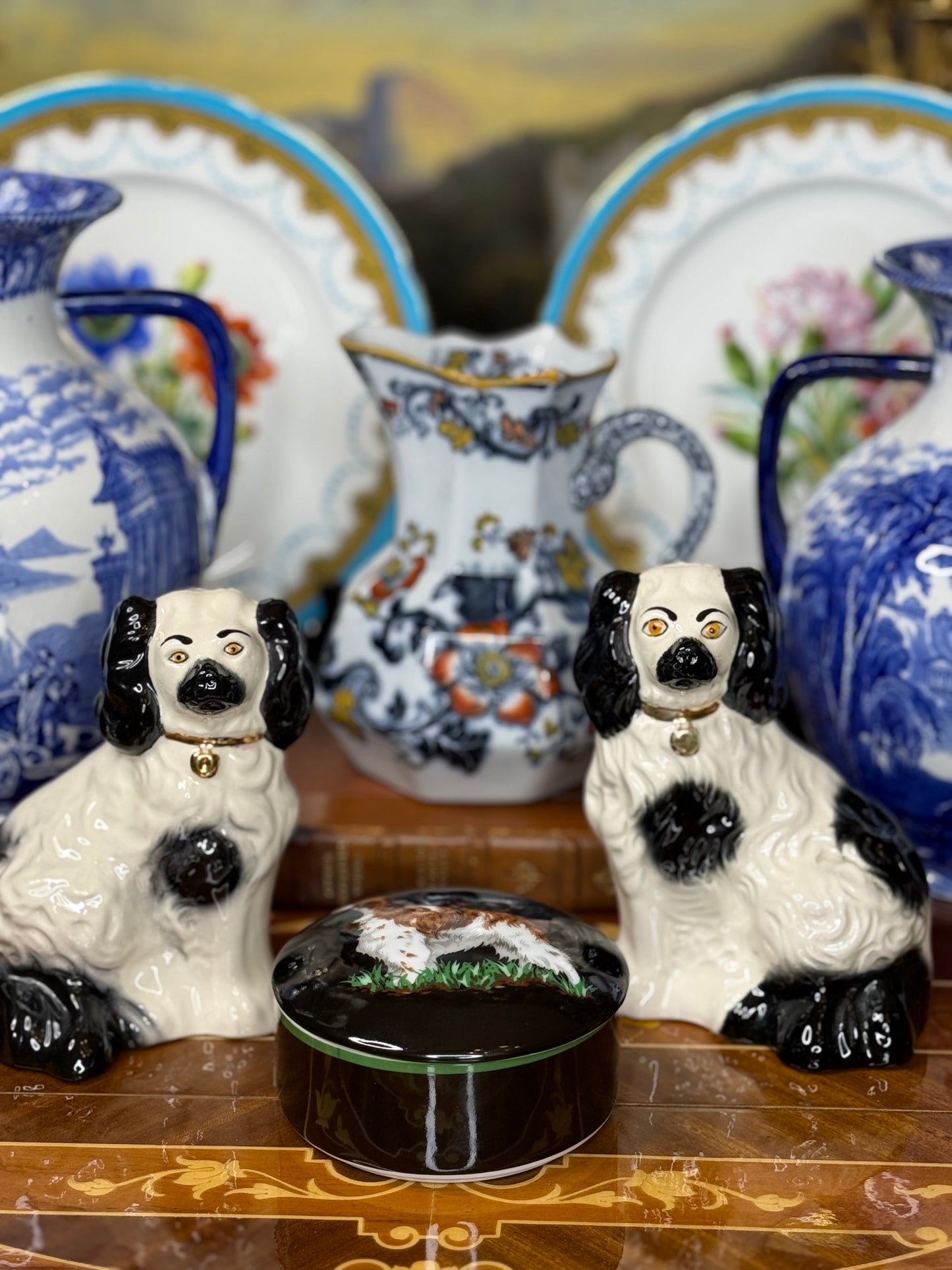 Vintage Beswick England Black & White Spaniel Figurines, 5” Tall: Pristine!