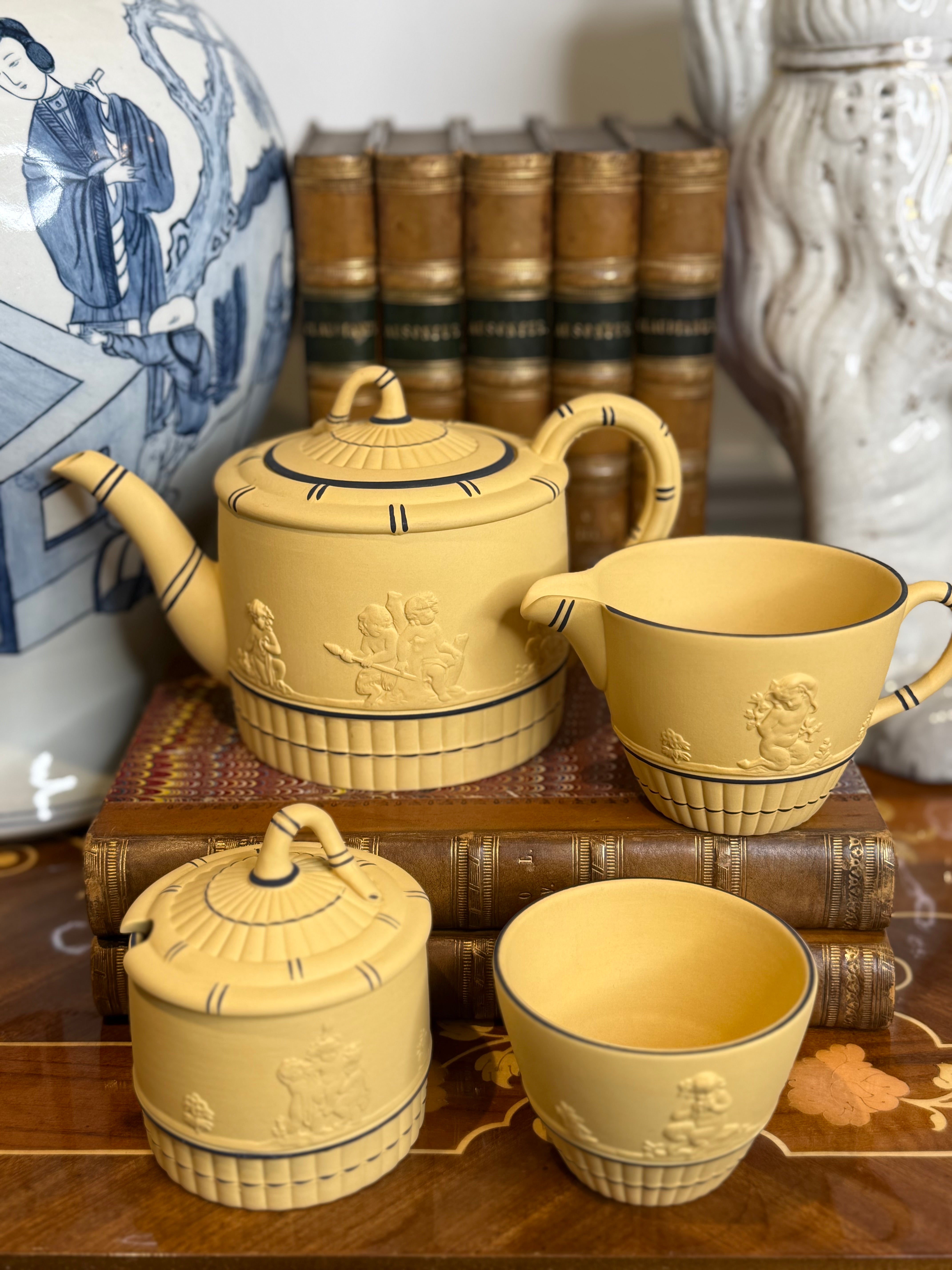 Vintage Wedgwood Black on Cane Jasperware 5-Piece Coffee Service