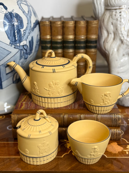 Vintage Wedgwood Black on Cane Jasperware 5-Piece Coffee Service | 3-Cup Coffee Pot, Covered & Open Sugars