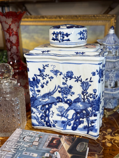 Danny’s Fine Porcelain | Rectangular Blue & White Porcelain Tea Jar with Landscape Scene, 10.5” L x 7.5” W x 14.75” H