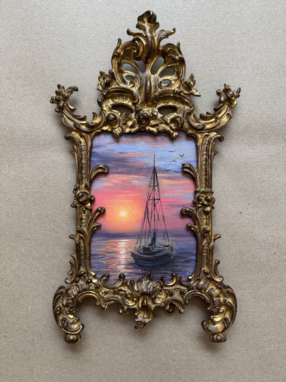 Original artwork seascape in antique brass frame 12x7”