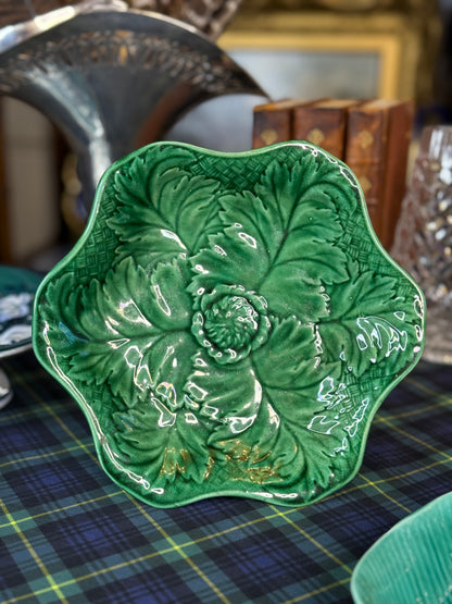 Antique Wedgwood Green Majolica Leaf & Floral Comport | 8.5”W × 4.25”H | DA4610