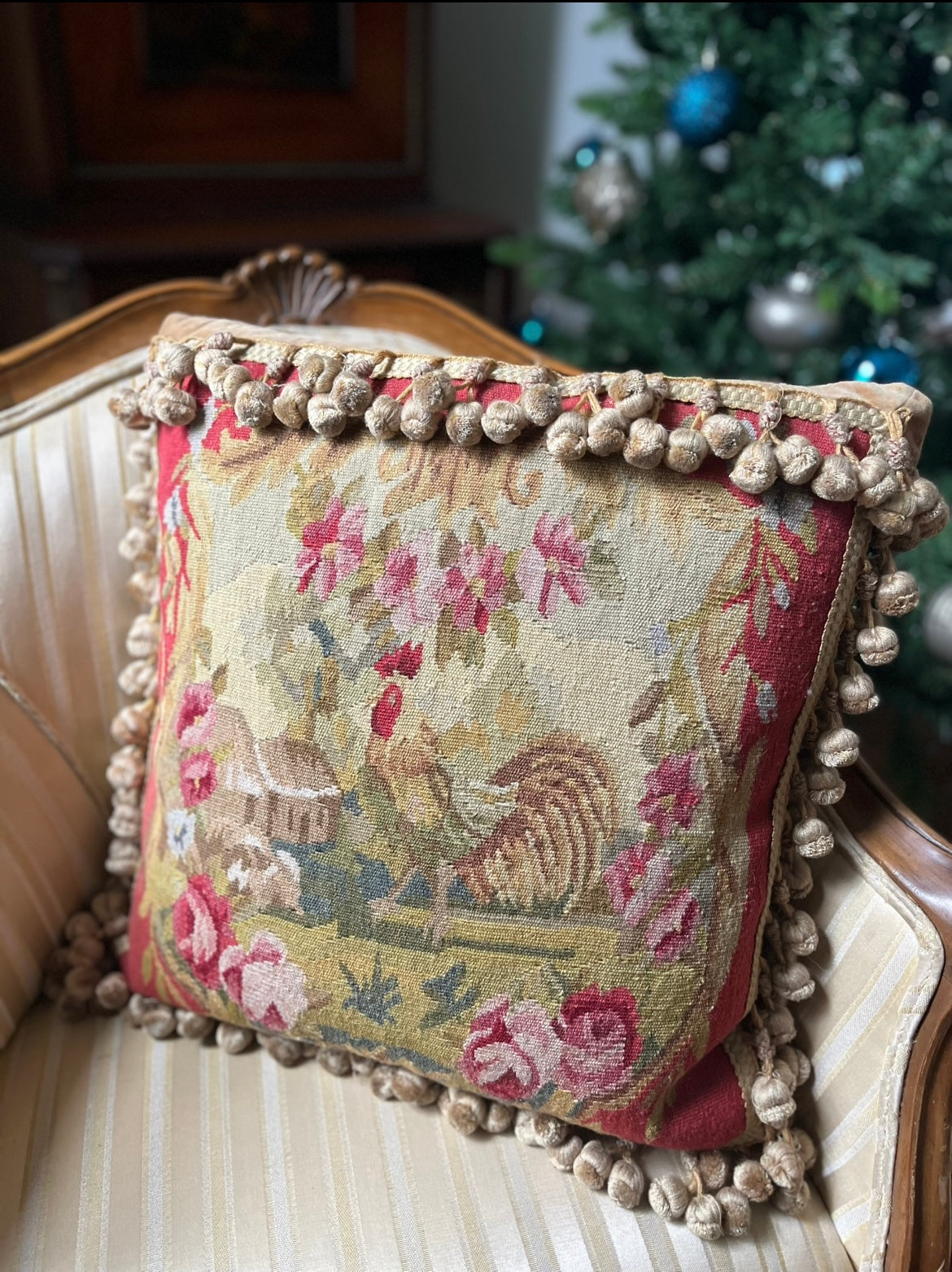 Pair of French Aubusson Hand Woven Mirror Image Rooster Pillows with Café-Latte Velvet Backs