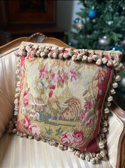 Pair of French Aubusson Hand Woven Mirror Image Rooster Pillows with Café-Latte Velvet Backs