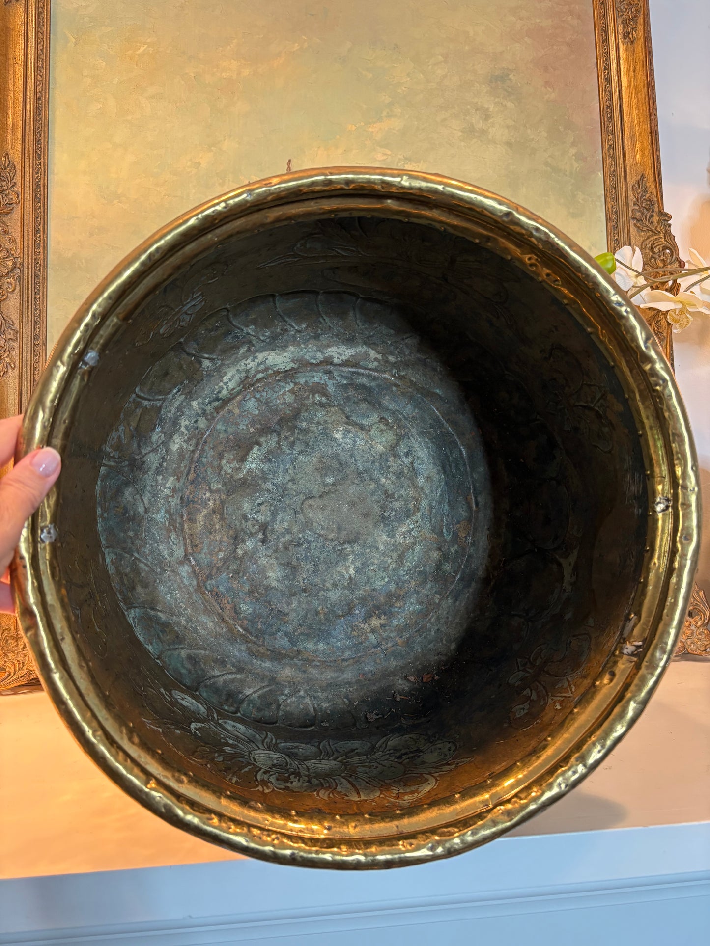 Live 9/9 Reserved for Maria Large Brass Pot with Fleur de lis design