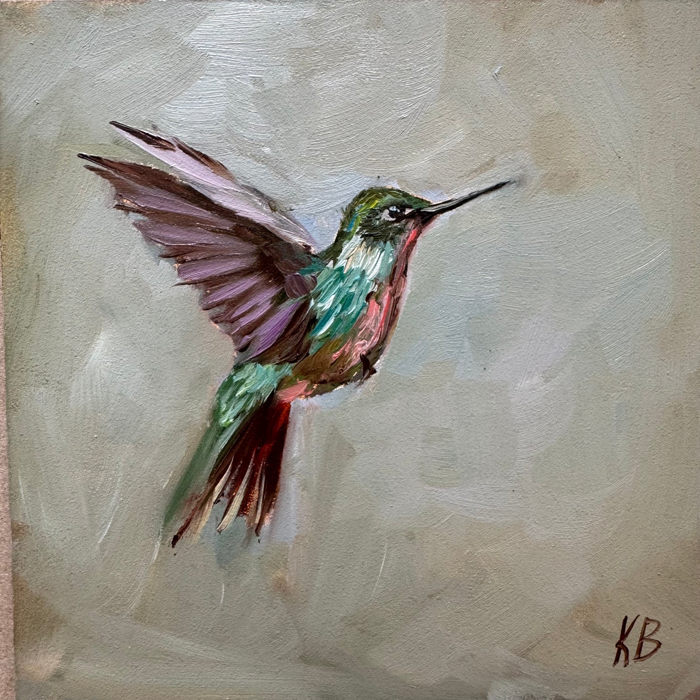 Live 08/11 Hummingbird original oil painting framed in wooden gold frame 9.5x9.5”
