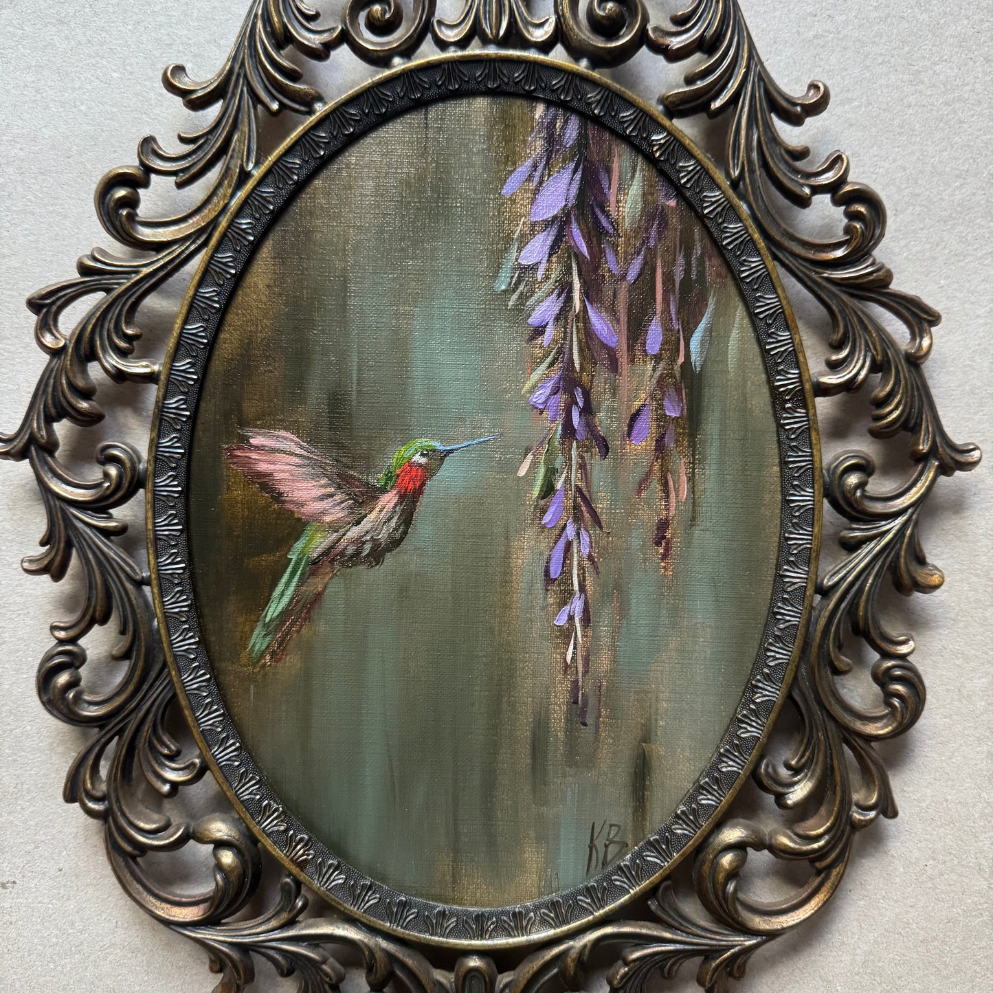 Hummingbird Original oil painting in brass vintage frame 13x10”