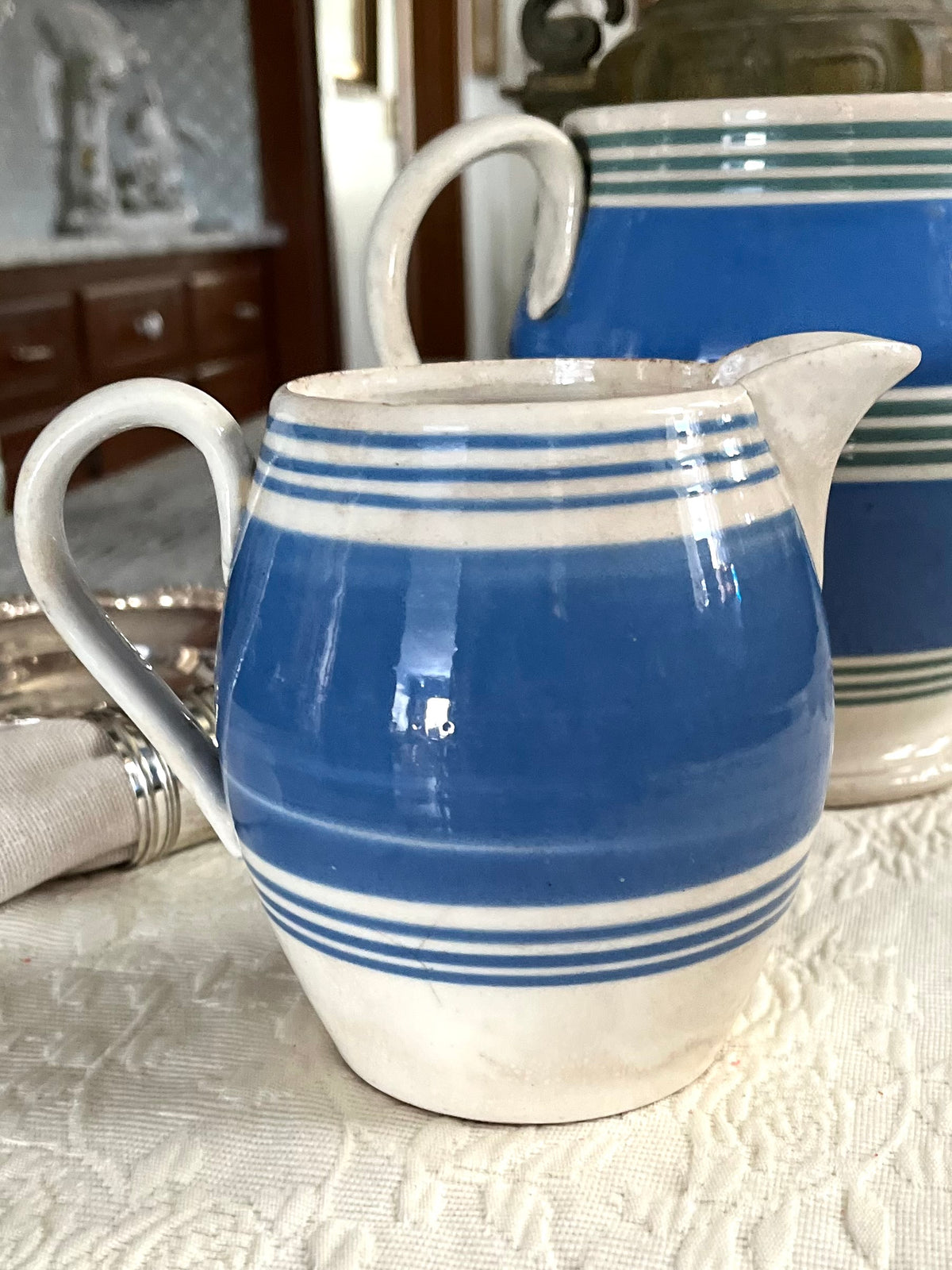 Live 09/15 Antique English Blue Banded Mocha Ware Milk Pitcher | c. 1890–1920