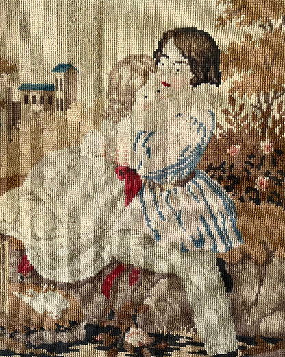 Beautiful And Substantial English 19th Century Large Framed Berlin Woolwork - Children And Dove After George Morland