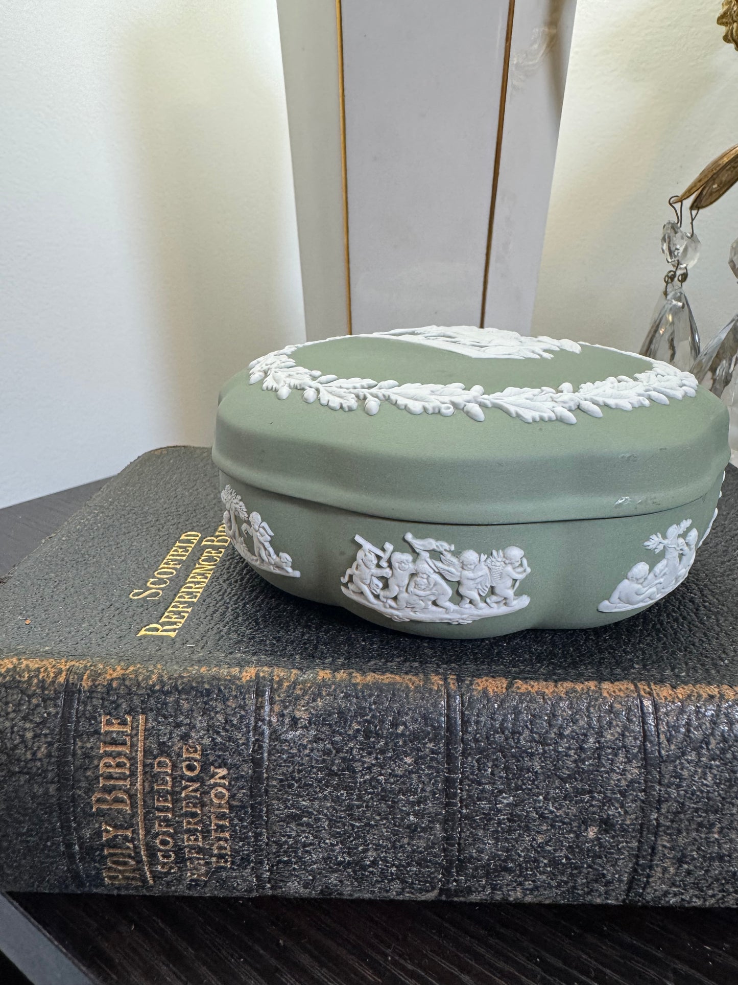 Wedgwood sage green and white flower shape box