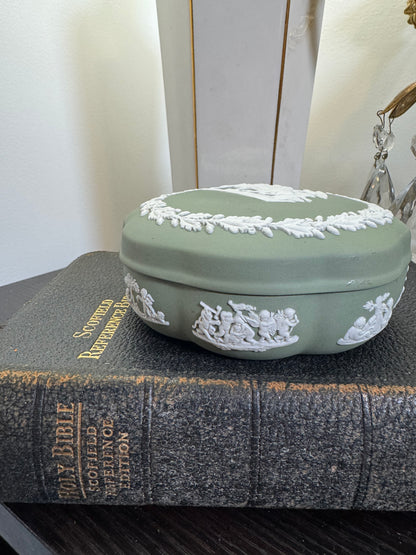 Wedgwood sage green and white flower shape box
