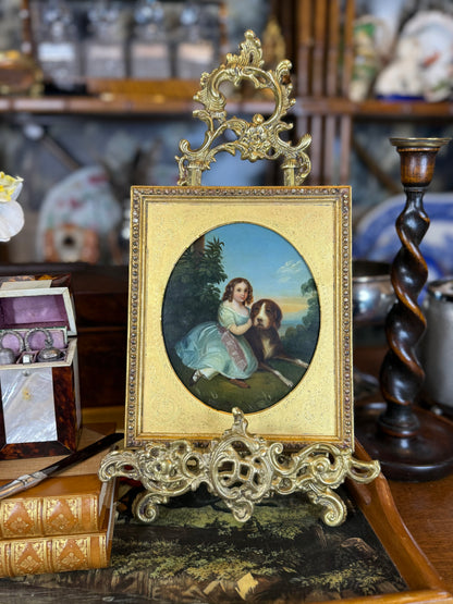 Antique c.1850 Oil on Tin After Franz Xaver Winterhalter | Mlle Virginie de Sainte-Aldegonde with Mastiff | Original Gilt Wood Frame | 8” × 7”