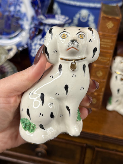 Pair of Kent Staffordshire Ware Dalmatian Dog Figures | Black, White, Green & Gilt | Mid-20th Century | 4.5” H × 3” W × 2” D Each